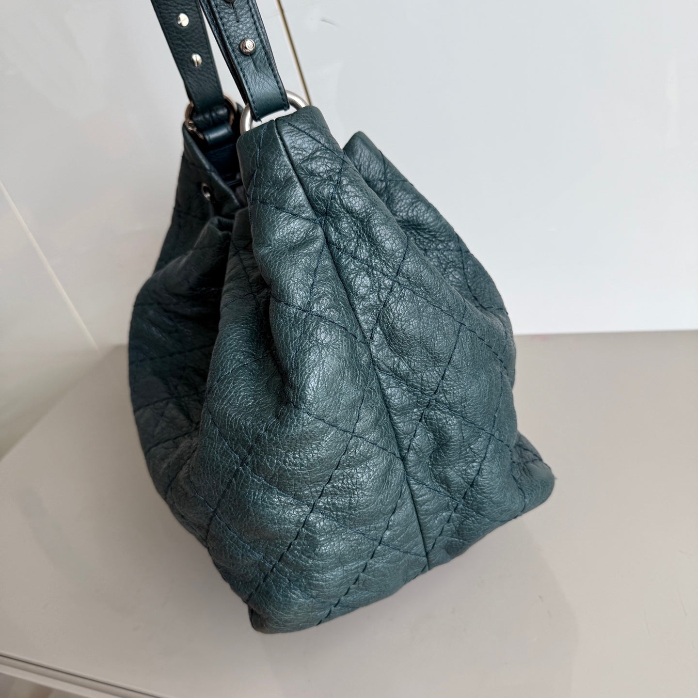 Chanel Bucket Dark Calfskin Hardware Green Silver Leather Bucket Bag