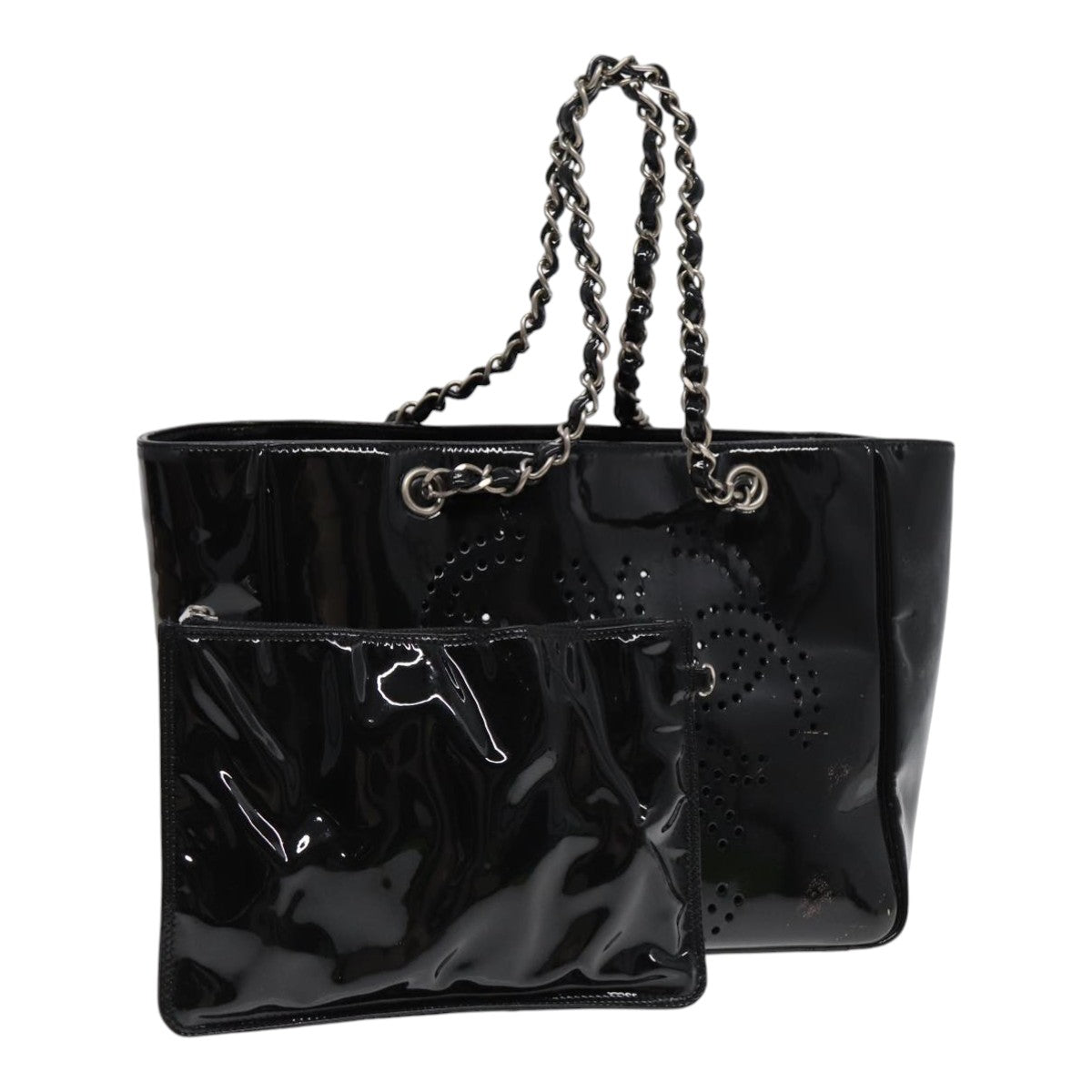 Chanel Chain Tote Bag Patent leather Black Silver CC Auth