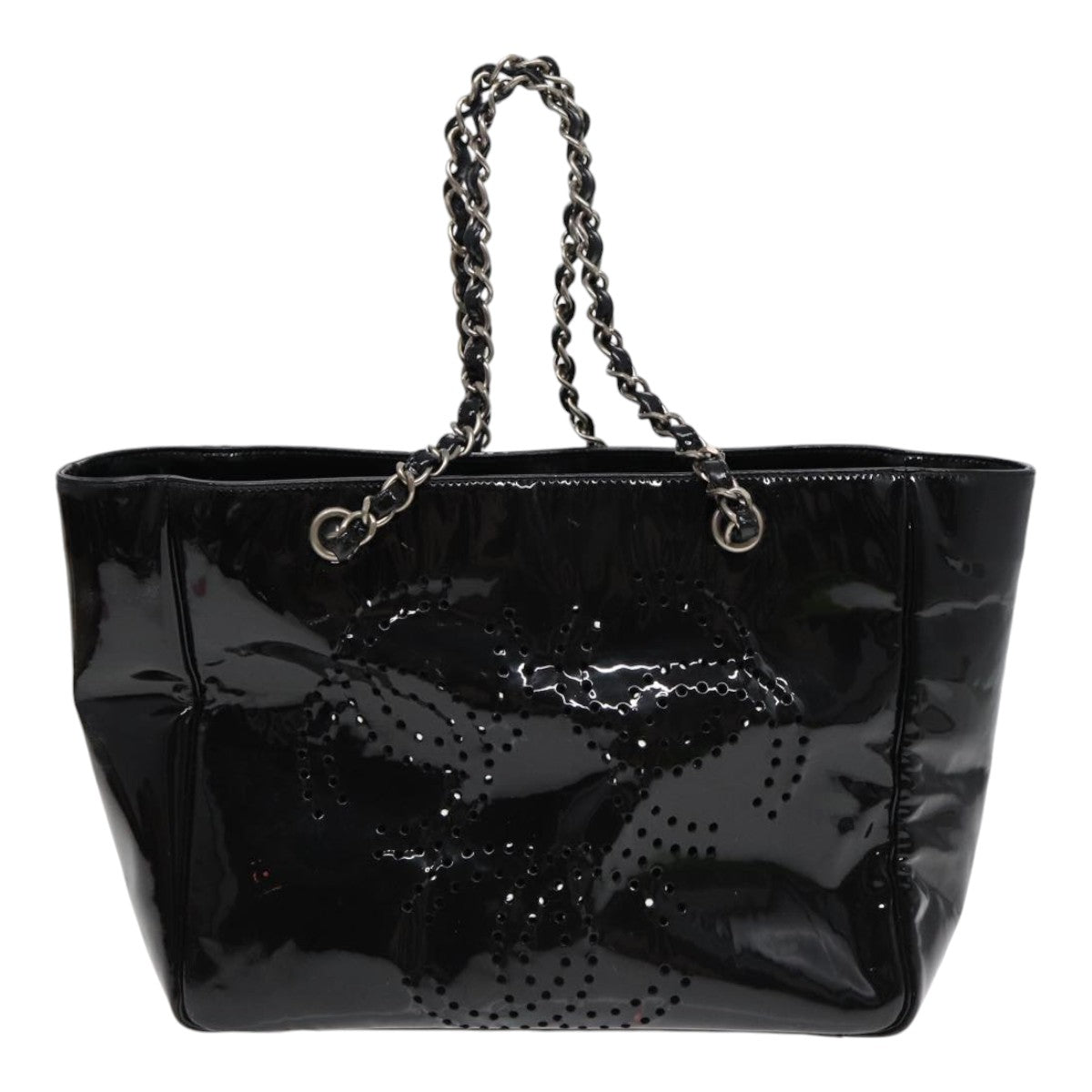 Chanel Chain Tote Bag Patent leather Black Silver CC Auth