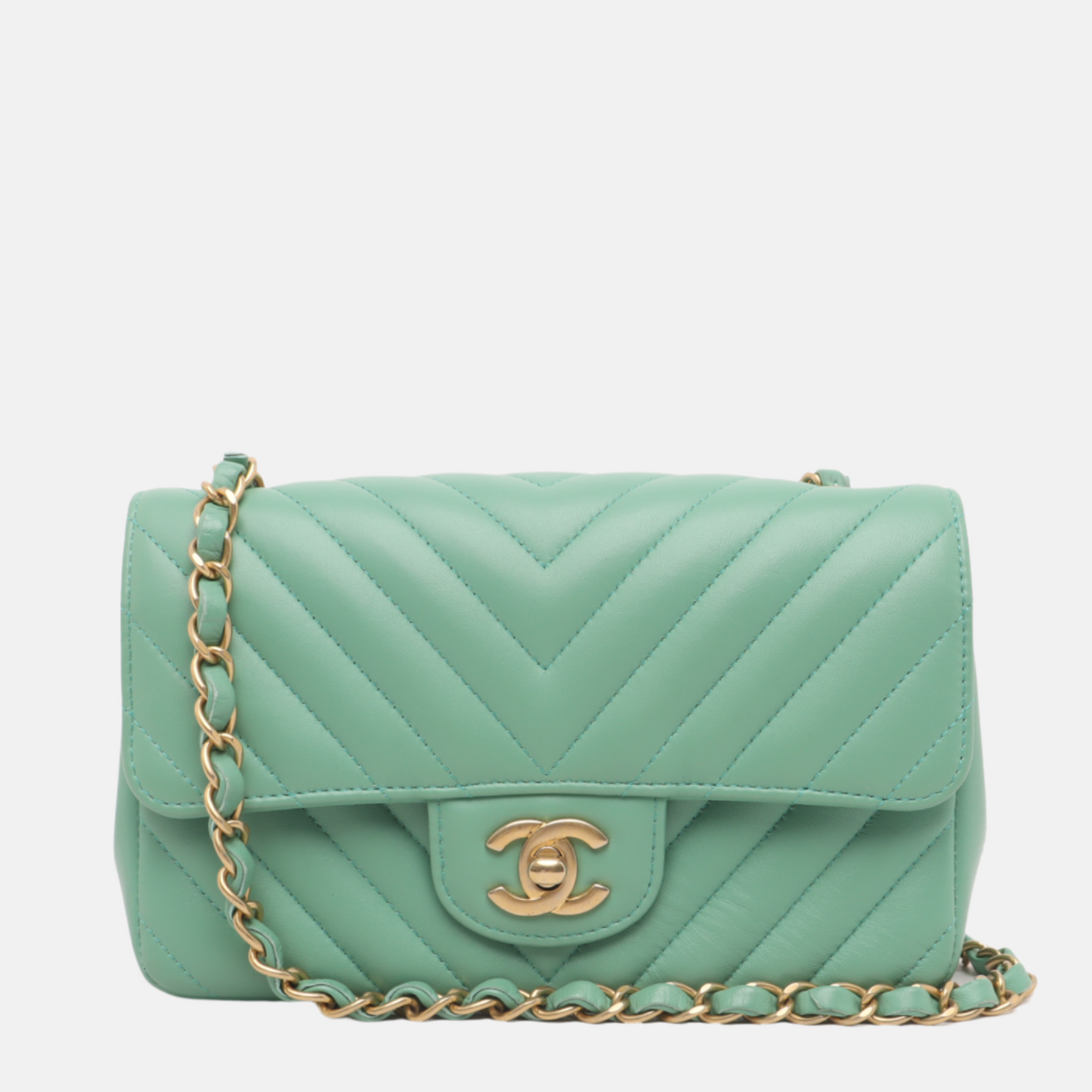 Chanel Classic Flap Chevron Lambskin Hardware Green Gold Leather Mini Bag