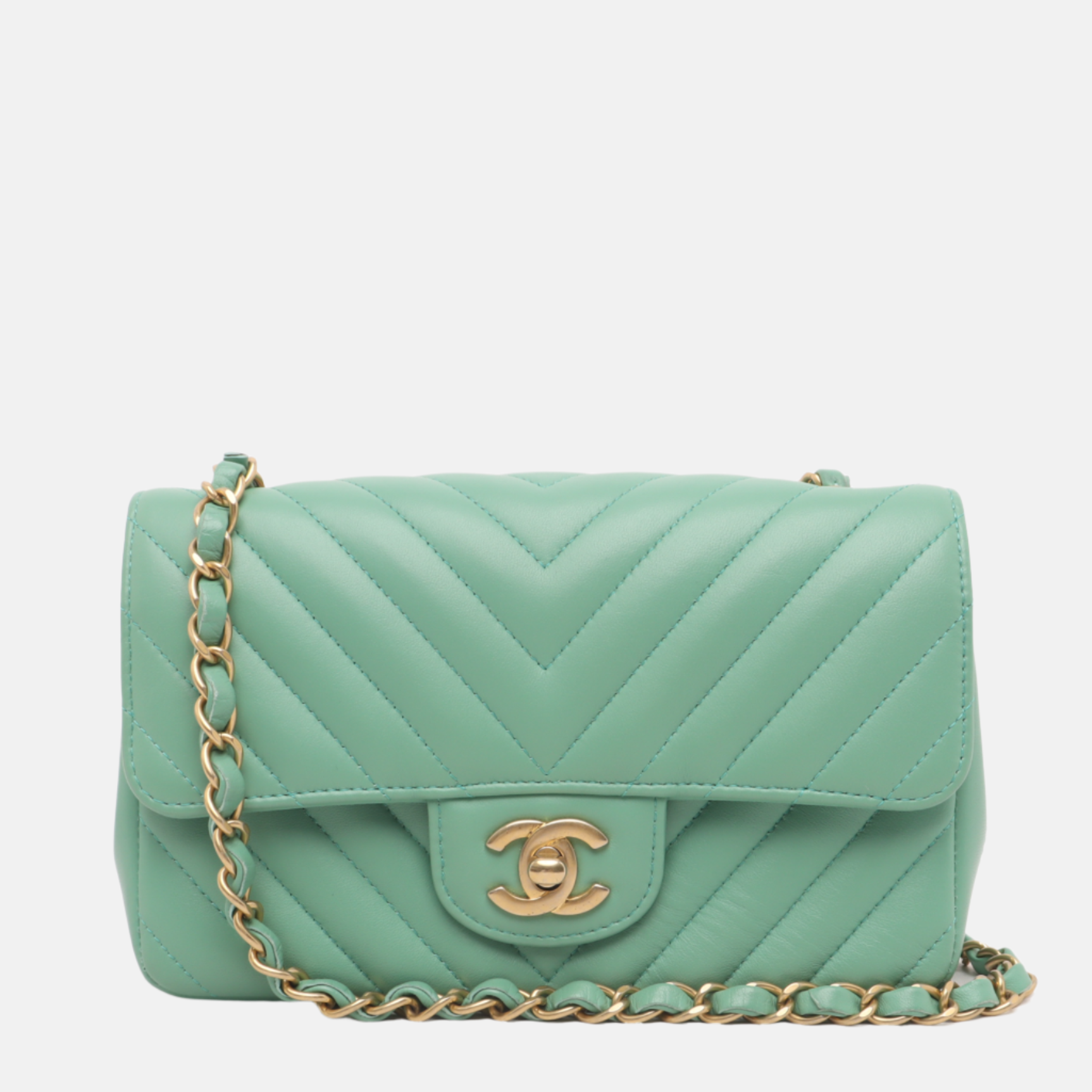 Chanel Classic Flap Chevron Lambskin Hardware Green Gold Leather Mini Bag