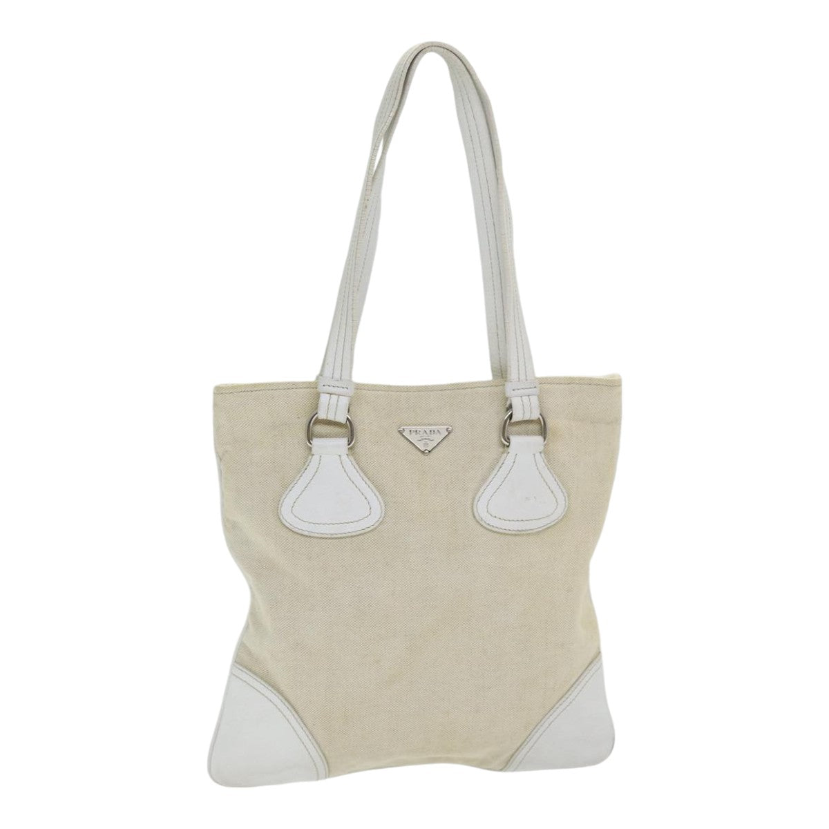 Prada Tote Bag Auth Canvas Beige Silver Silver Auth 86251