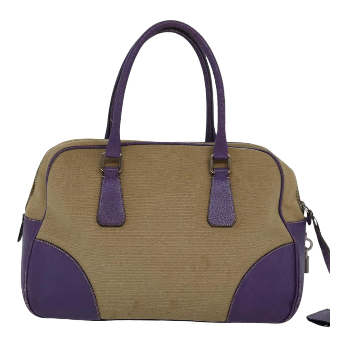 Prada Hand Bag Auth Canvas Beige Silver Travel Bag Purple Auth 86337