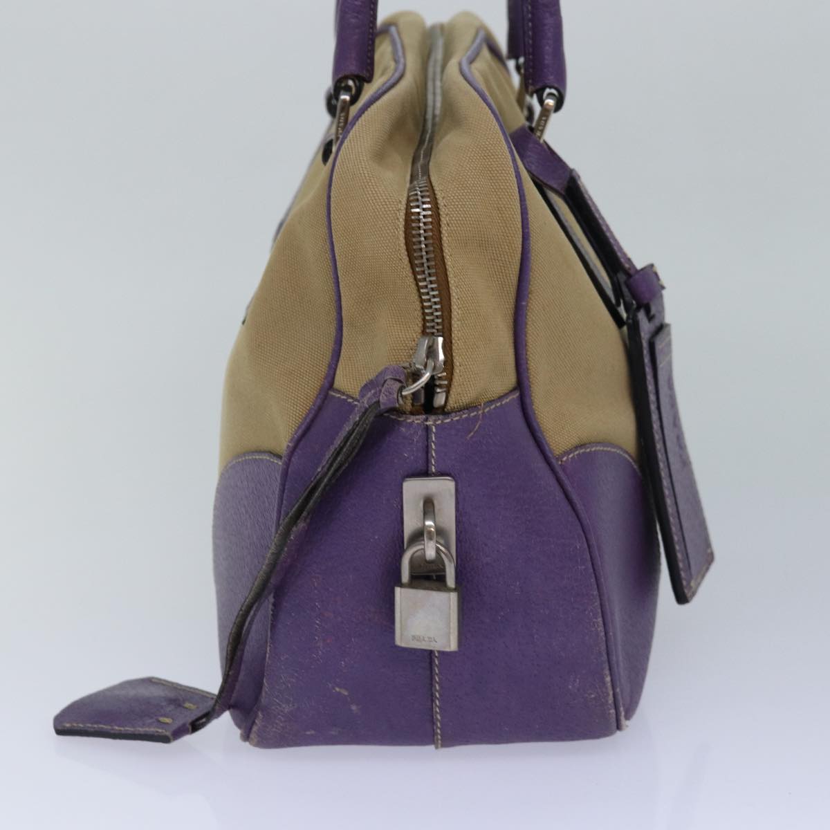 Prada Hand Bag Auth Canvas Beige Silver Travel Bag Purple Auth 86337