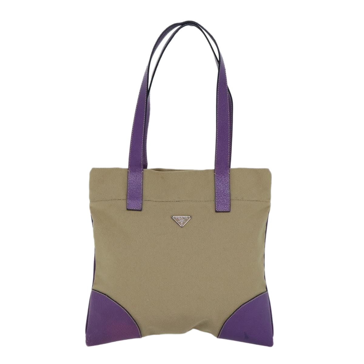 Prada Hand Bag Auth Canvas Beige Silver Travel Bag Silver Auth 86440