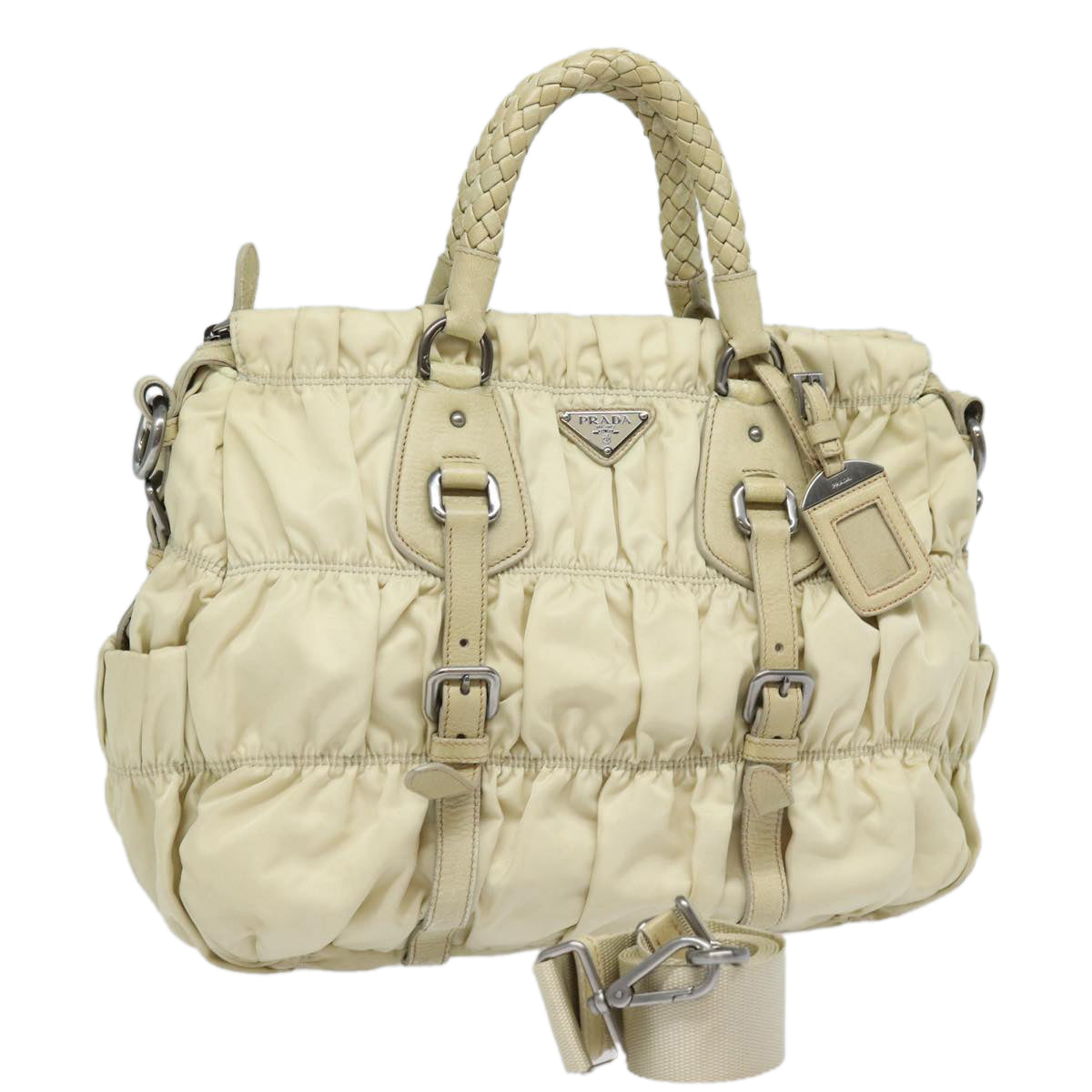 Prada Hand Bag 2Way Auth Nylon Silver Cream Travel Bag