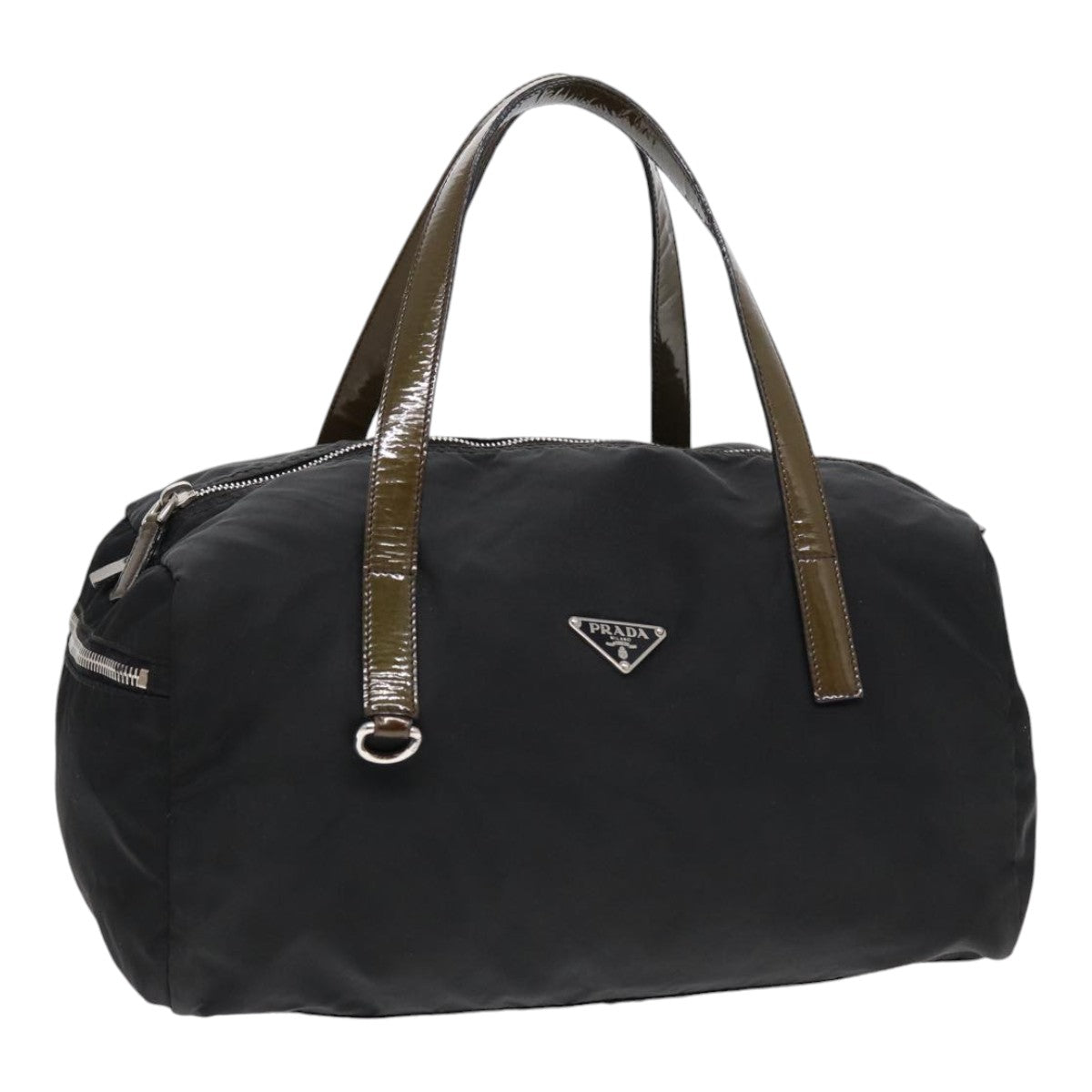 Prada Hand Bag Enamel Khaki Auth Nylon Black Silver Travel Bag