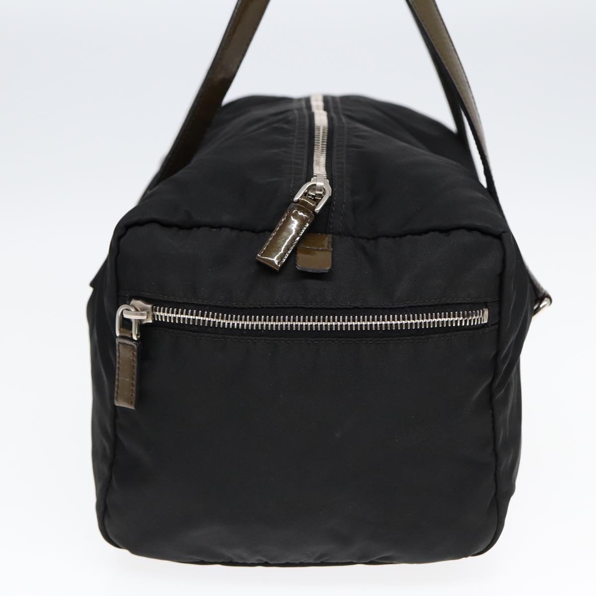 Prada Hand Bag Enamel Khaki Auth Nylon Black Silver Travel Bag