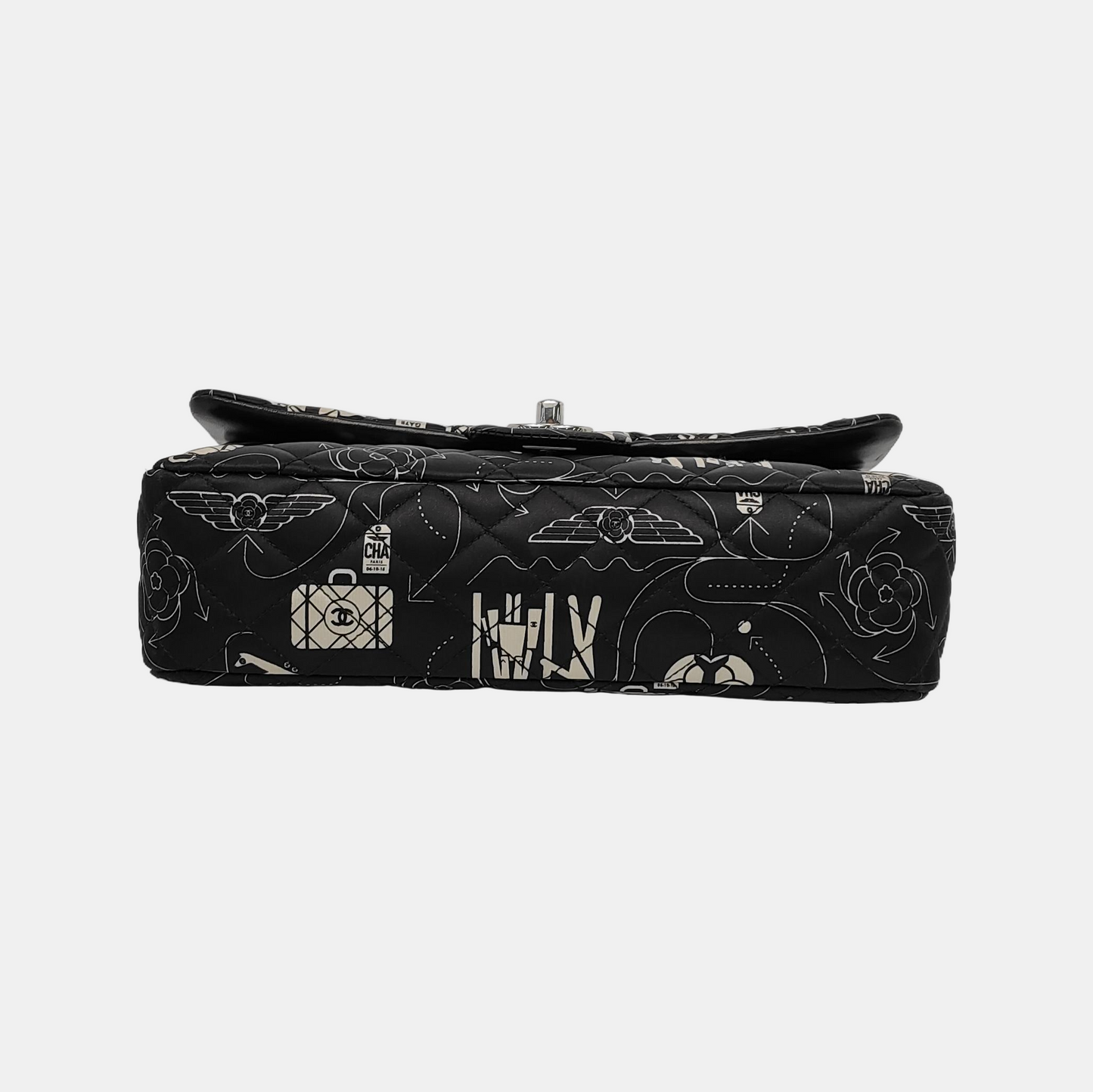Chanel Satin Airline Printed Double Flap Black White Shoulder Bag