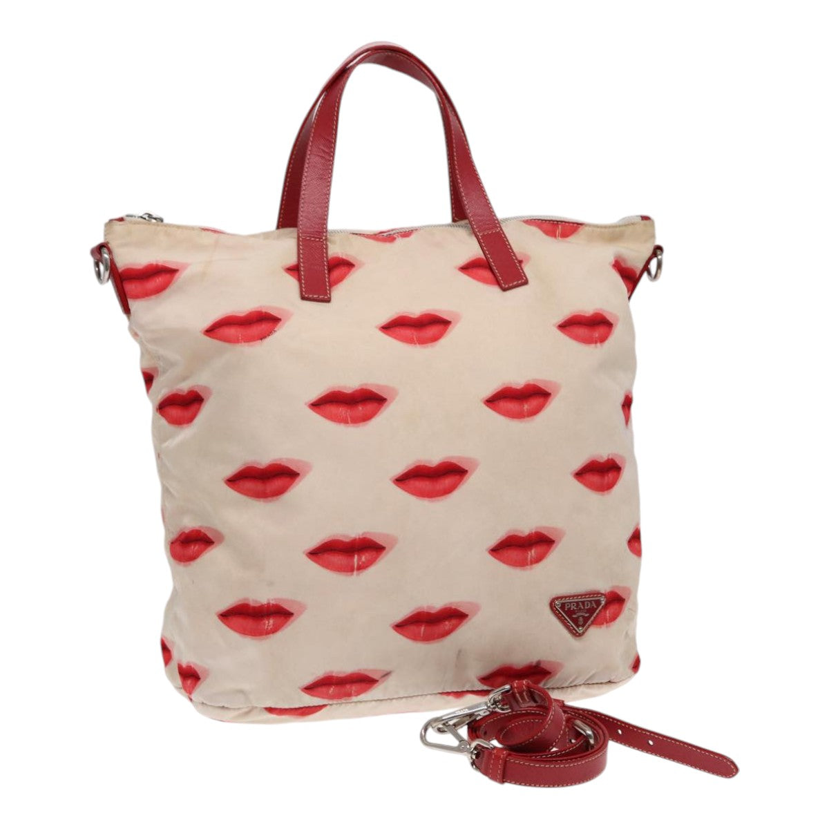 Prada Tote Bag 2Way Auth Nylon Beige Red