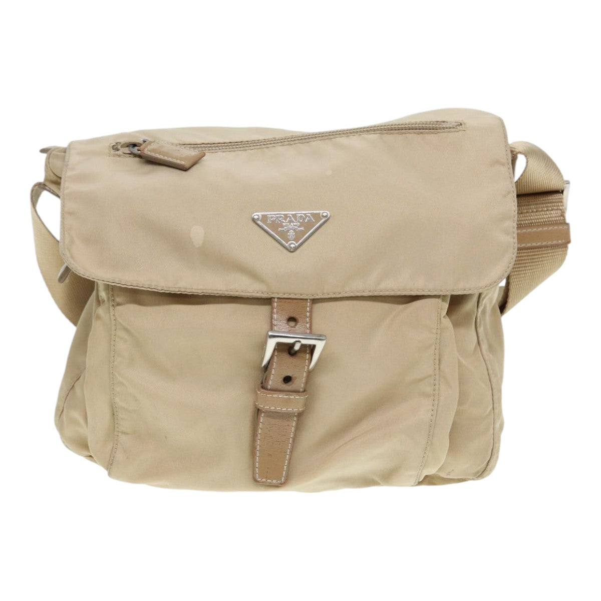 Prada Shoulder Bag Auth Nylon Beige Silver Silver Auth 86645