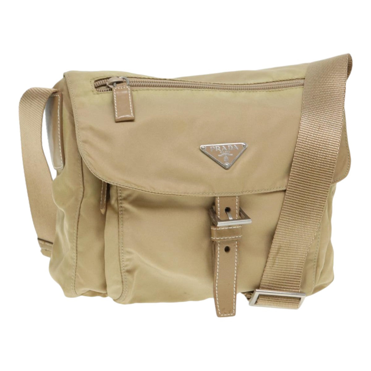 Prada Shoulder Bag Auth Nylon Beige Silver Silver Auth 86647