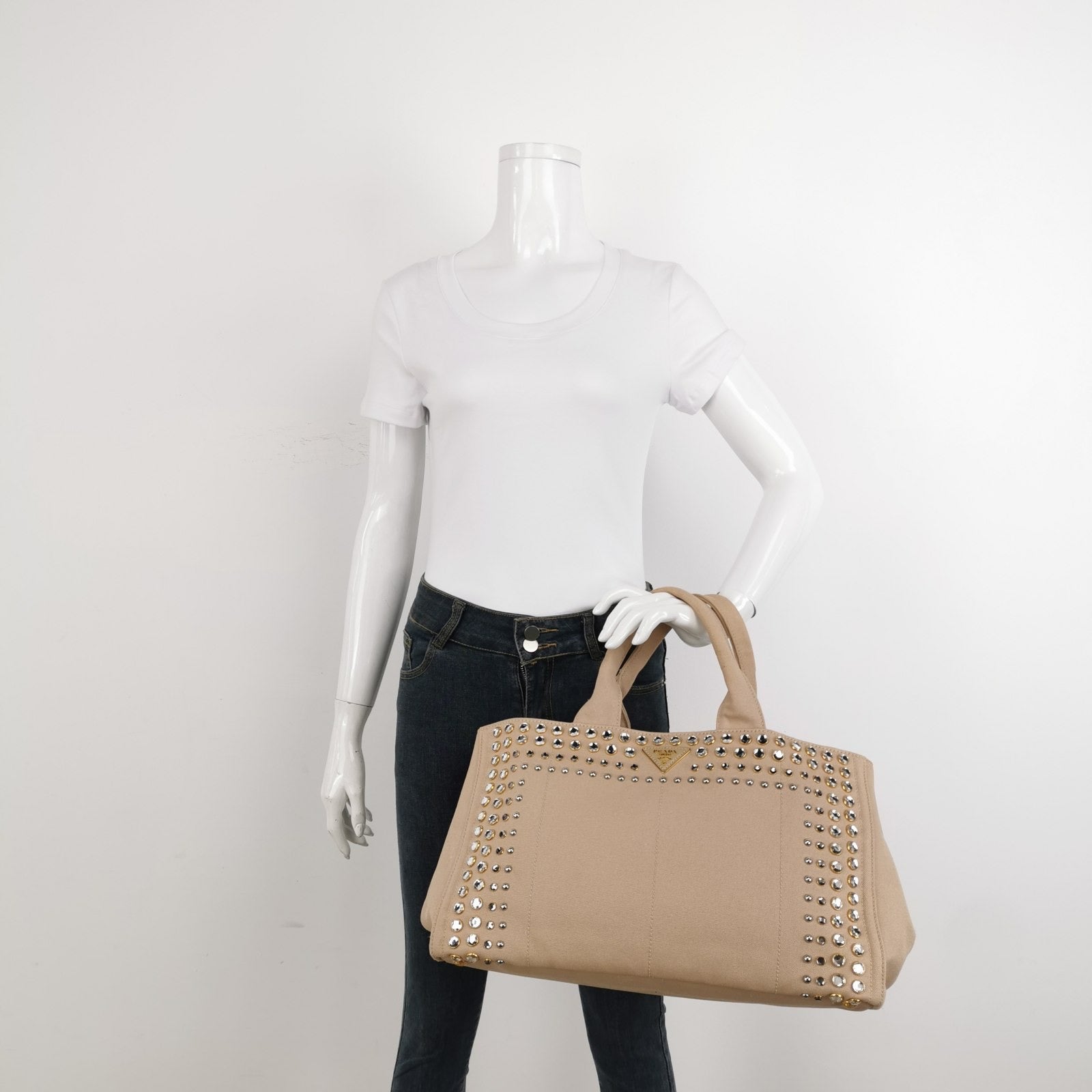 Prada Canape Tote Top Handle Bag With Jewels Canvas Beige Tote Bag