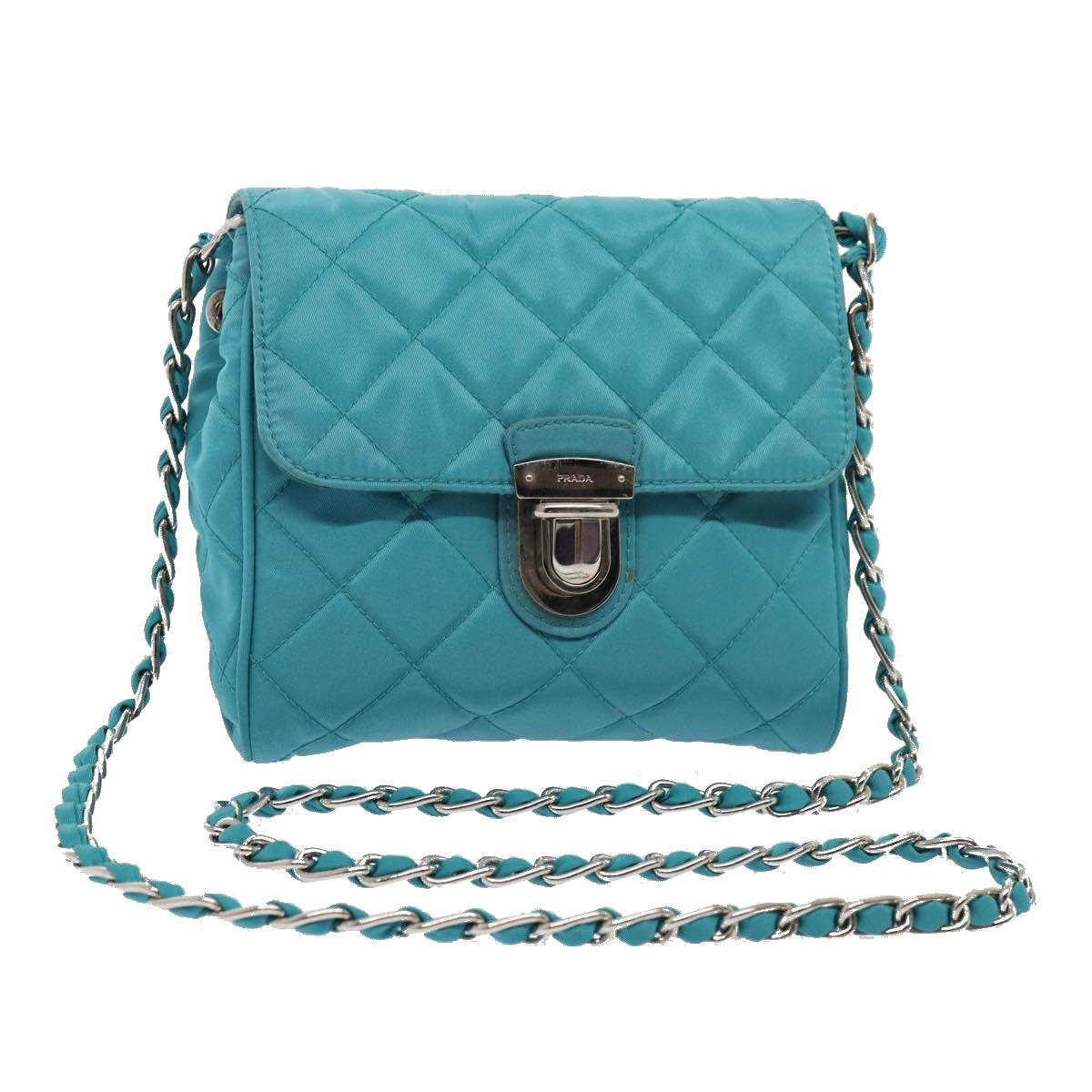 Prada Shoulder Bag Turquoise Auth Nylon Blue Silver