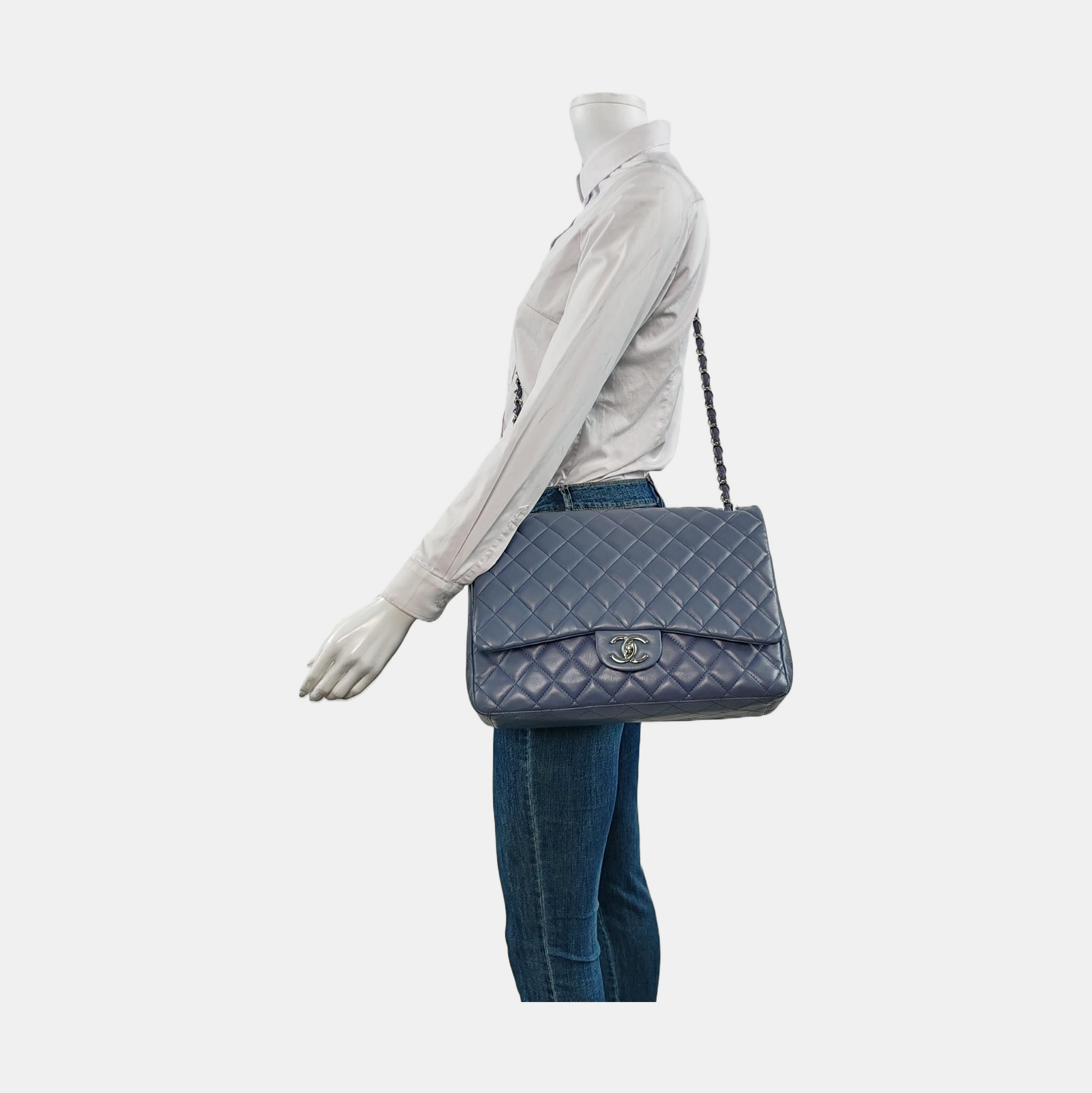Chanel Classic Flap Maxi Misty Lambskin Double Blue Silver Leather Handbag