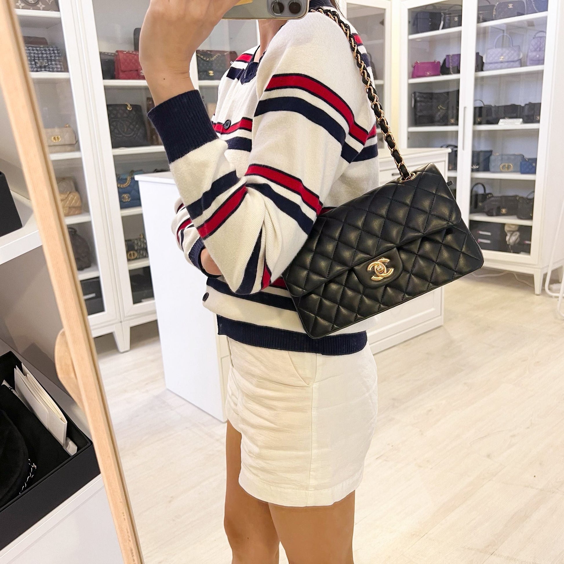 Chanel Small Classic Flap Cf In Black Lambskin And Rose Gold Hw Bag