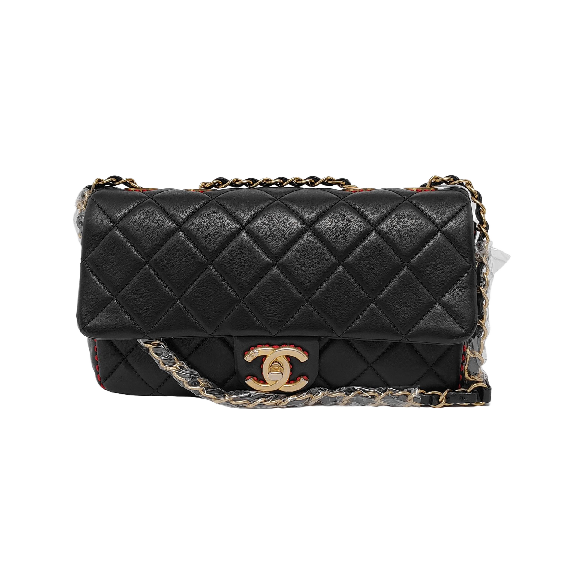 Chanel Lambskin Stitching Single Flap Double Black Red Handbag