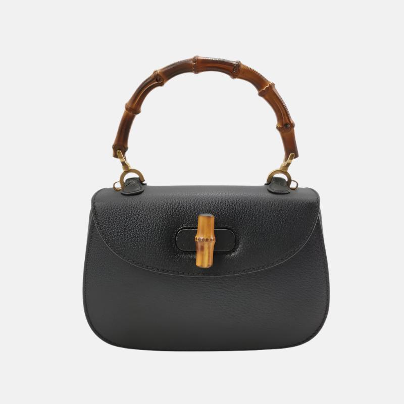 Gucci Bamboo Leather Black Small Top Handle Travel Bag