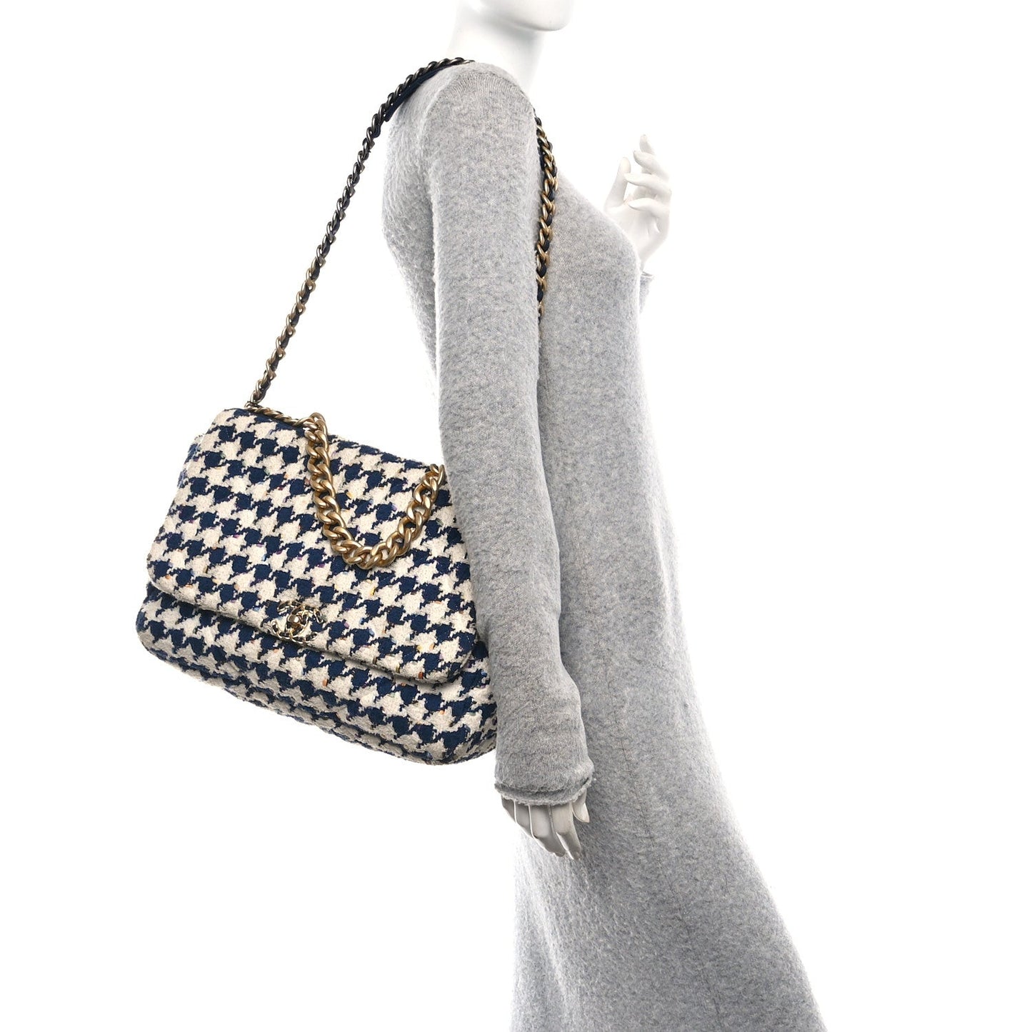 Chanel Tweed Quilted Maxi 19 Flap Ecru Navy Blue Multicolor Bag