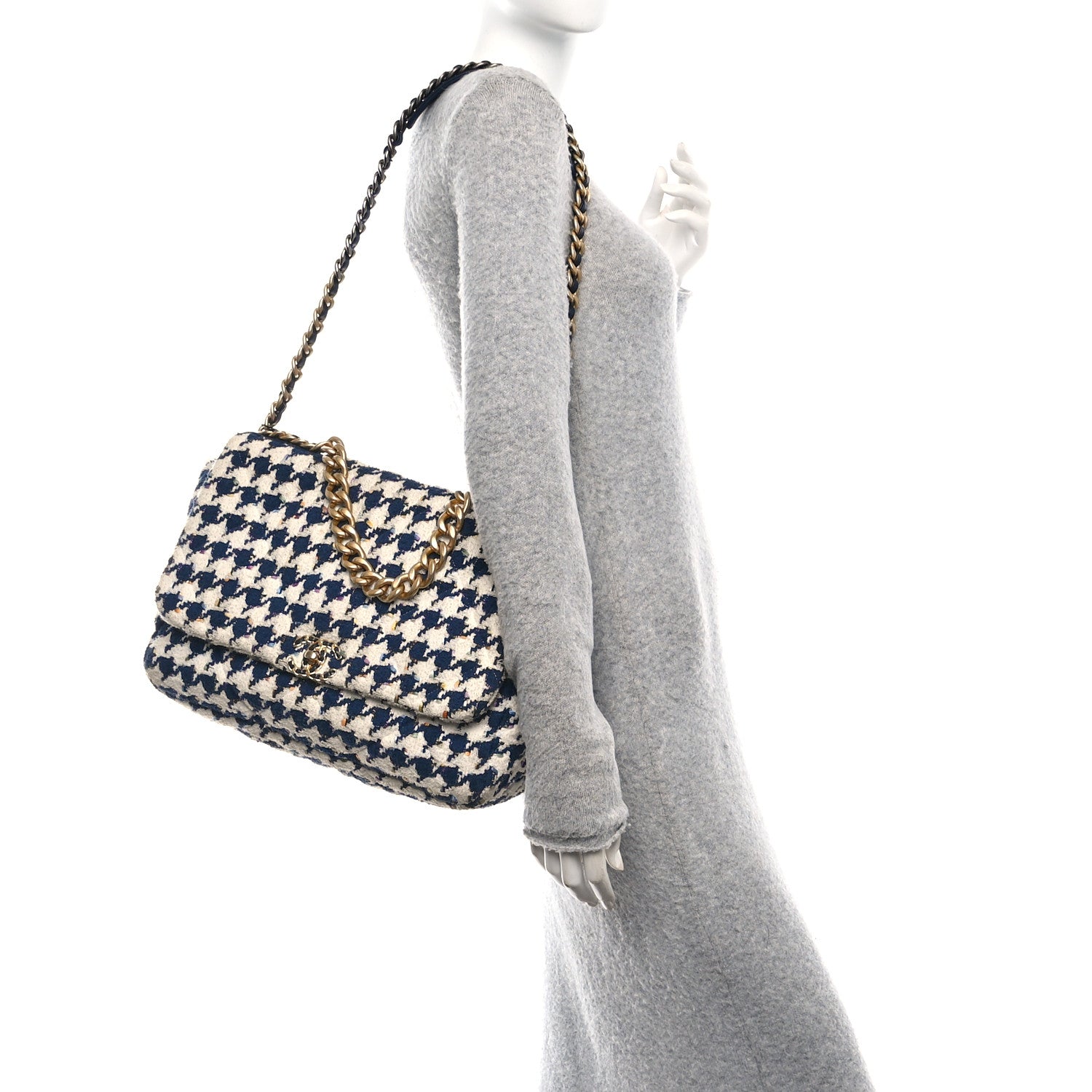 Chanel Tweed Quilted Maxi 19 Flap Ecru Navy Blue Multicolor Handbag