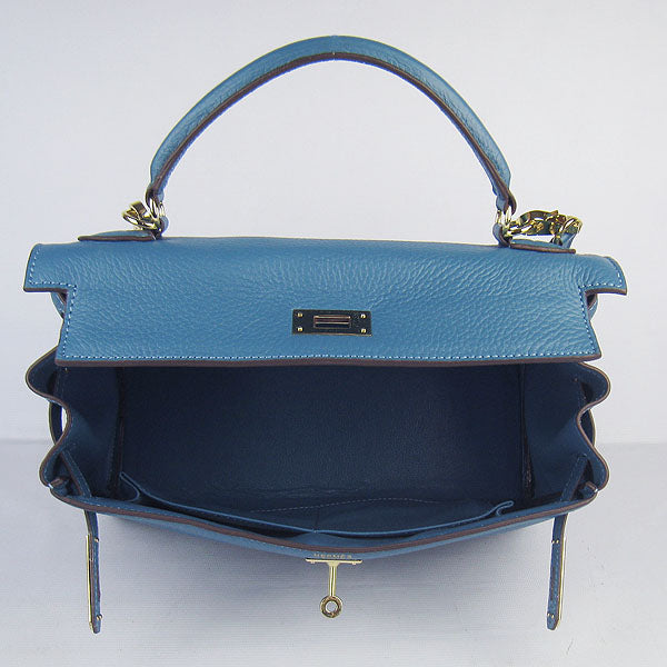 Hermes Luxury Kelly Cm Togo Handbag Golden Leather Blue Travel Bag