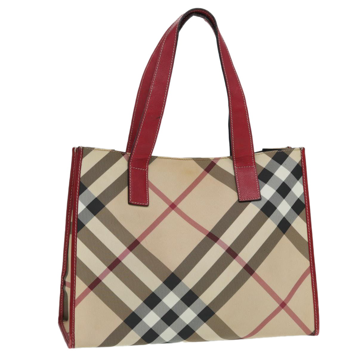 Burberry Luxury Nova Check Tote Bag Auth Beige Red Silver
