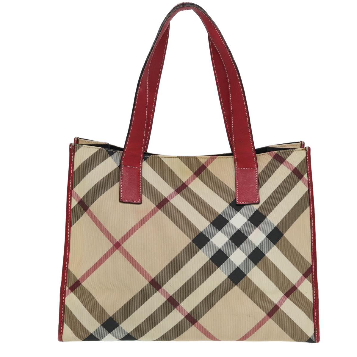 Burberry Luxury Nova Check Tote Bag Auth Beige Red Silver