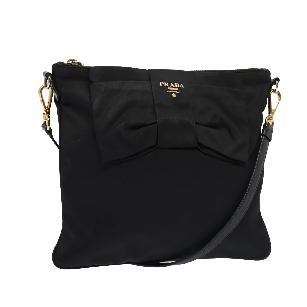 Prada Shoulder Bag Auth Nylon Black Gold Gold Auth 87081