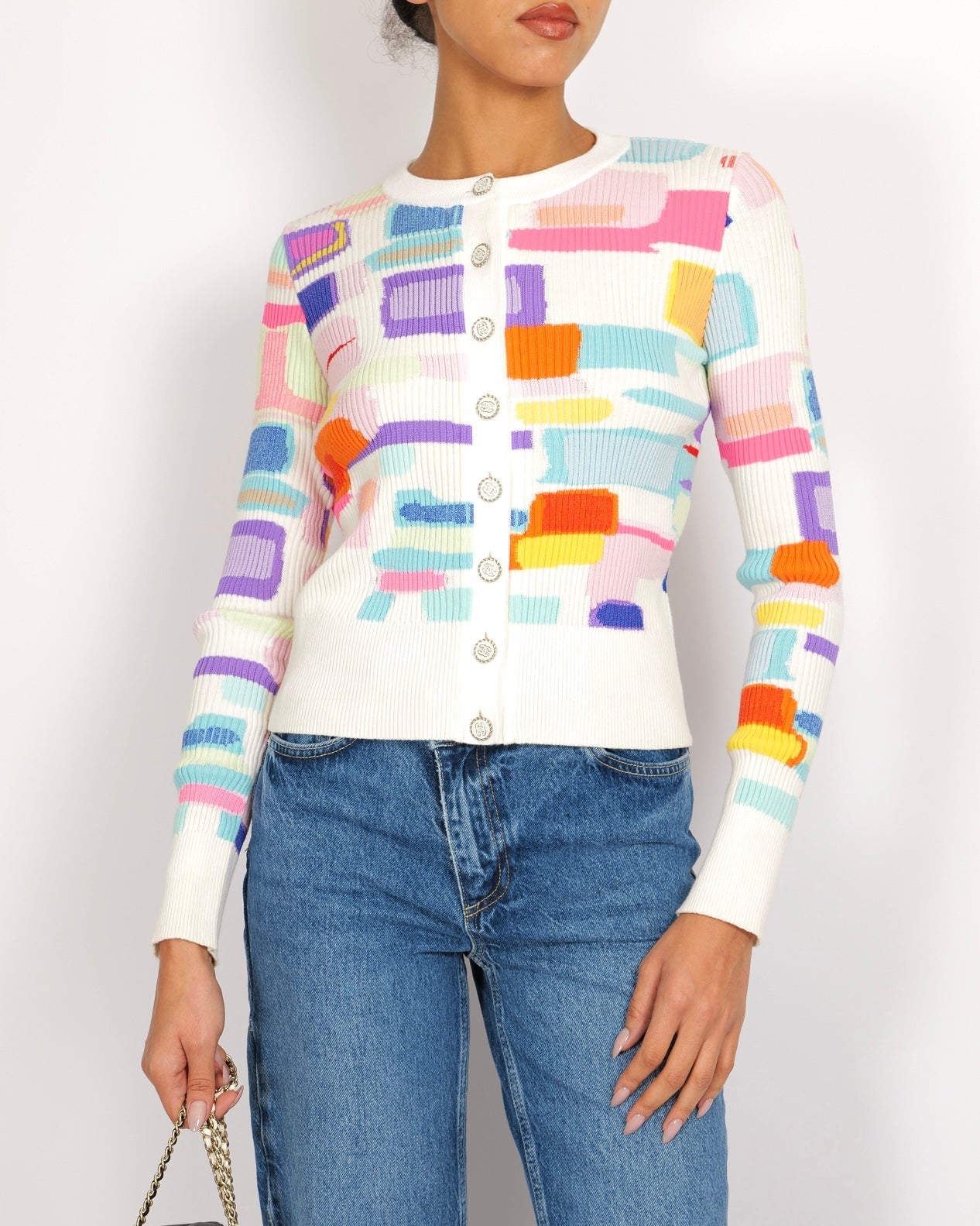 Chanel Spring White And Multi-Colour Ribbed Cardigan With Silver And White Cc Logo Buttons Size Fr 38 (Uk 10) Bag