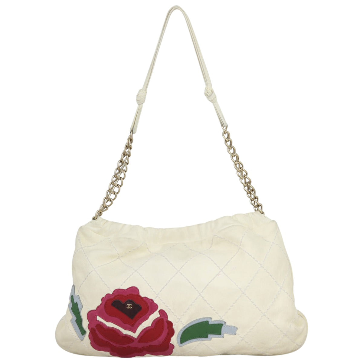 Chanel Rose Applique Hobo Lambskin Quilted White Hobo Bag