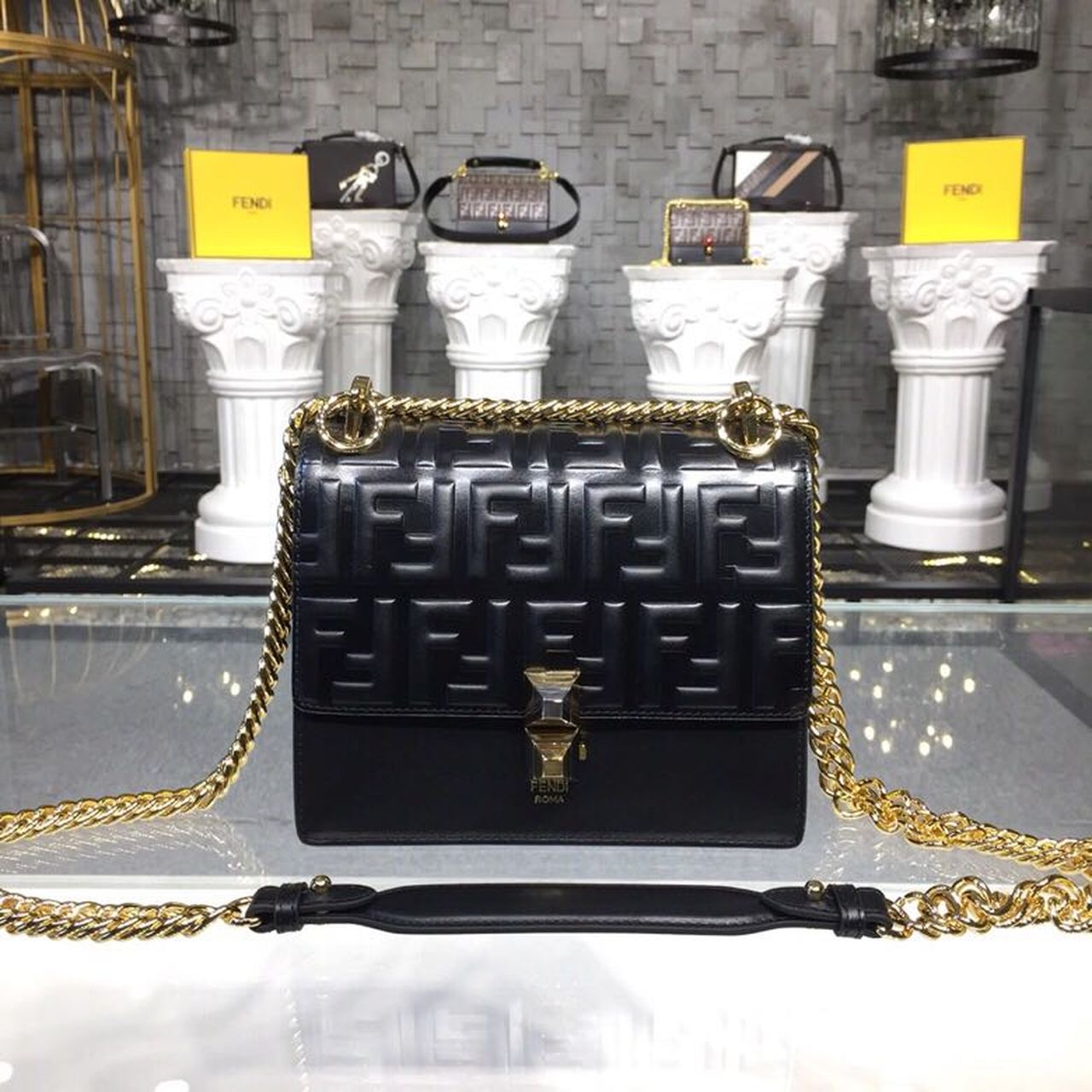 Fendi Top QualityTop Quality FF Kan Black Gold Chain Logo Handbag