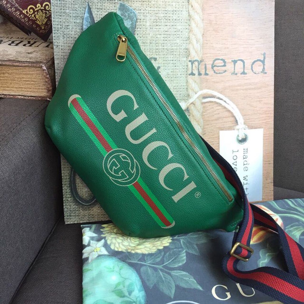 gg Print Waist Belt Men Green Accessory