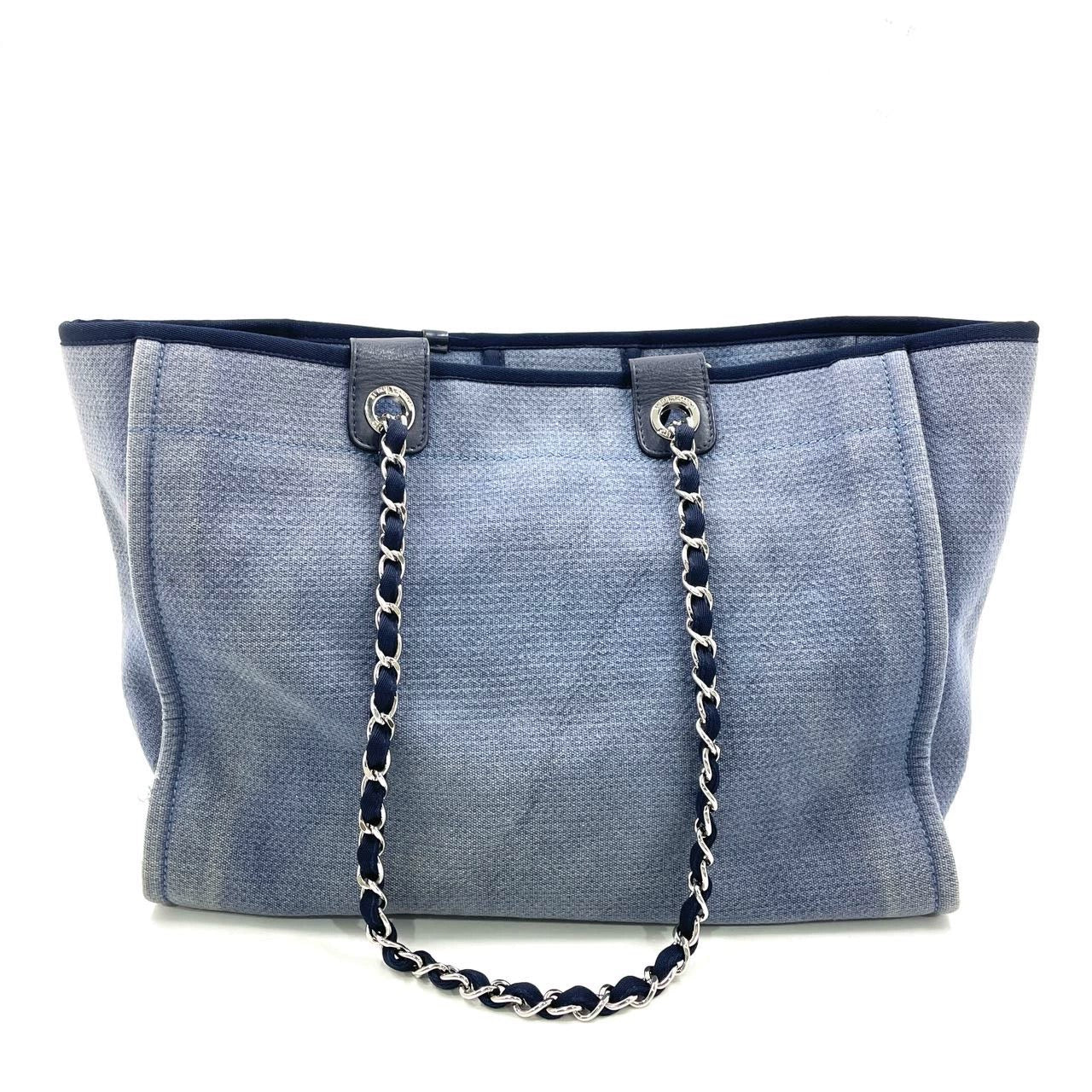 Chanel Deauville Navy Denim Top Handle Tote Bag Handle 1