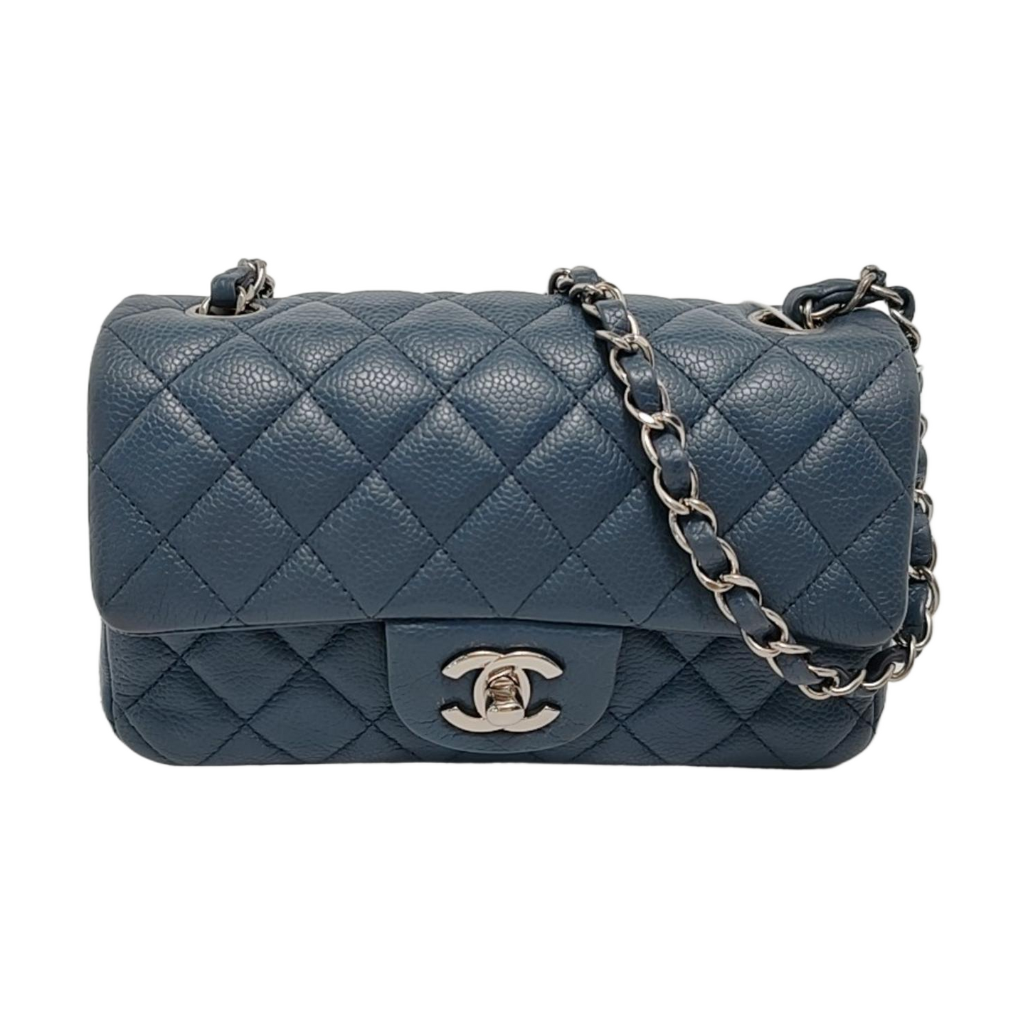 Chanel Classic Flap Rectangular Navy Caviar Hardware Silver Leather Mini Bag Silver Hardware