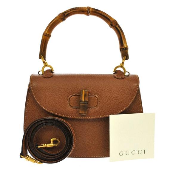Gucci Logos 2Way Bamboo Handle Hand Bag Leather Brown Travel Bag