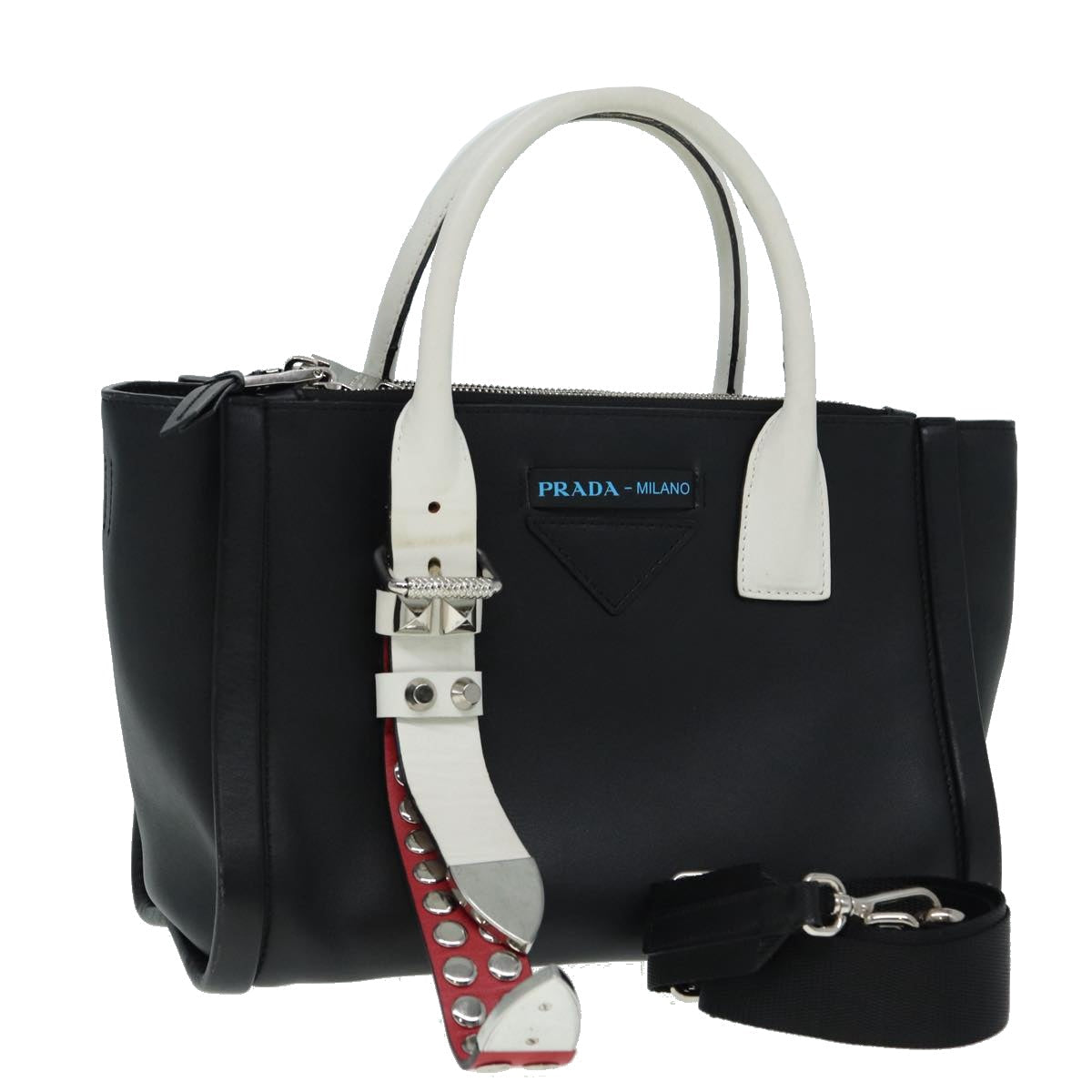 Prada Hand Bag 2Way Auth Leather Black White Travel Bag