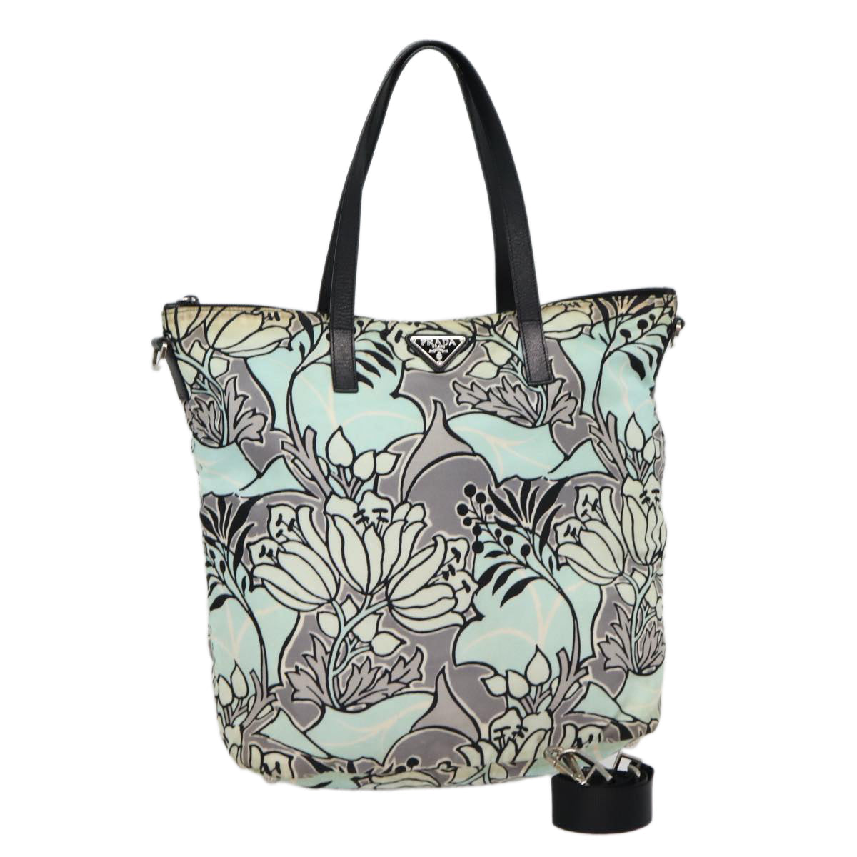 Prada Flower Tote Bag 2Way Light Auth Nylon Black Blue