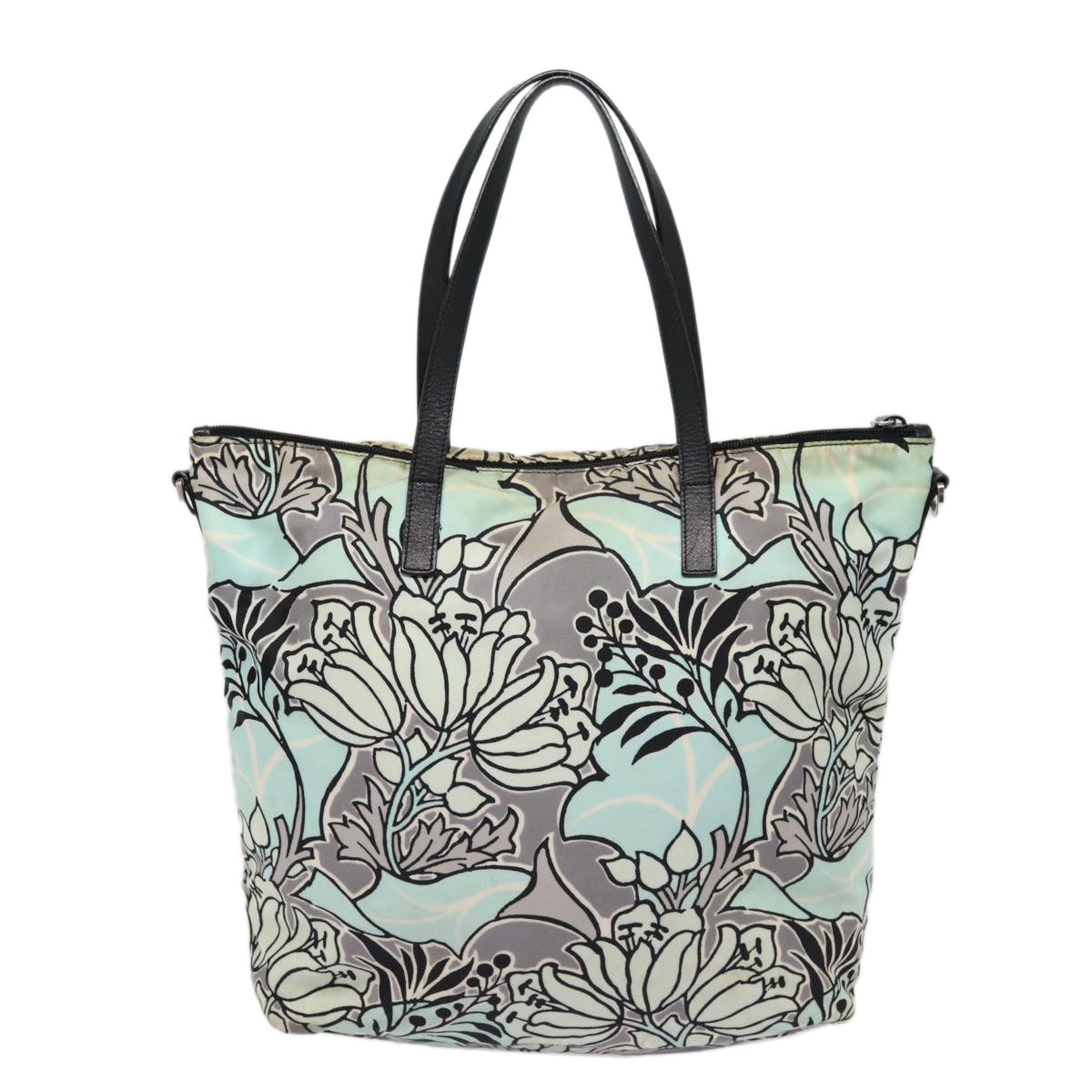 Prada Flower Tote Bag 2Way Light Auth Nylon Black Blue