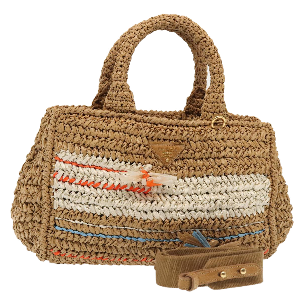 Prada Canapa Hand Bag 2Way Auth Raffia Beige Gold Travel Bag