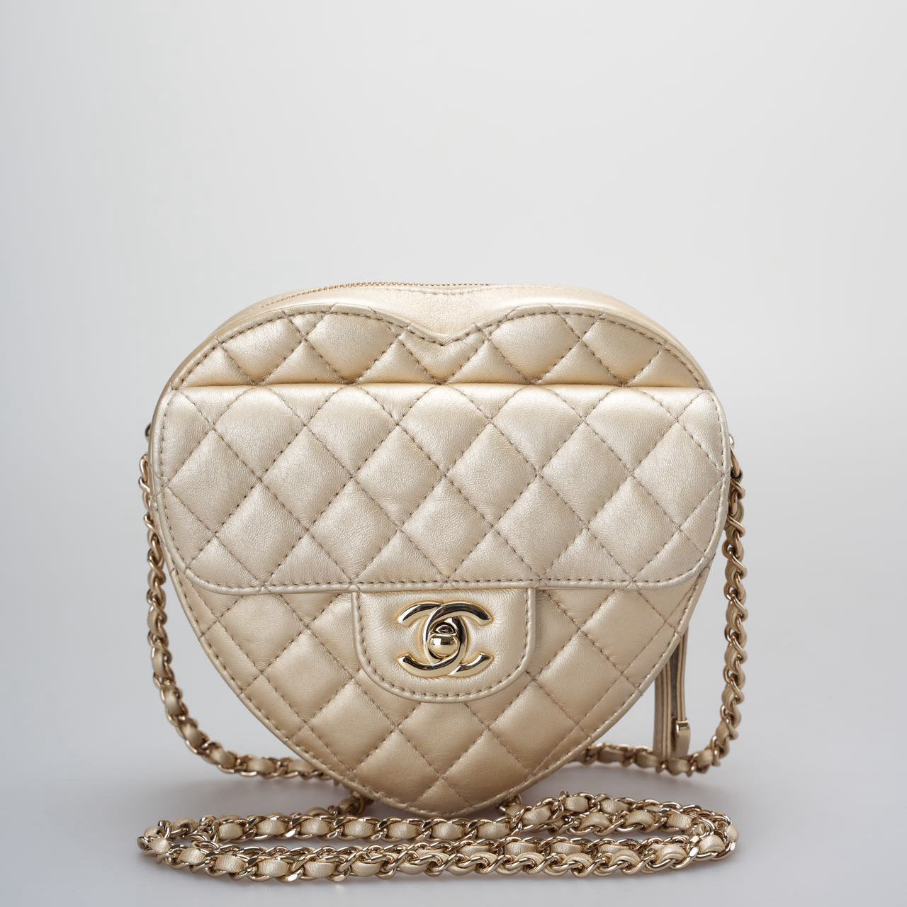 Chanel In Love Heart Bag  Champagne Gold Quilted Lambskin with Big C