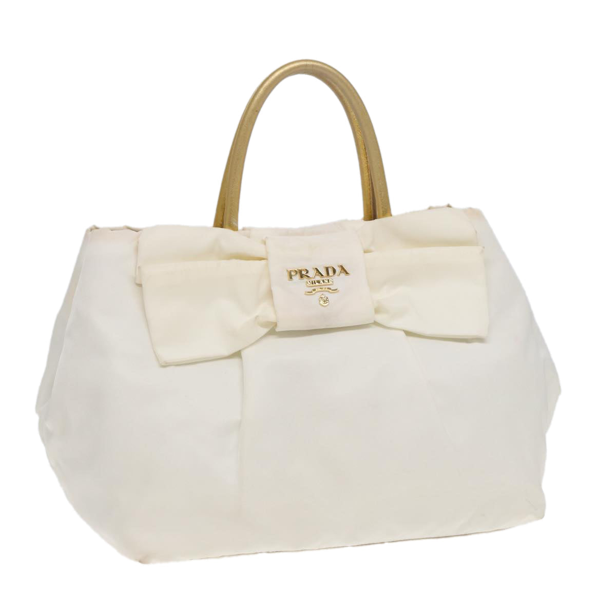 Prada Ribbon Hand Bag Auth Nylon White Gold Travel Bag