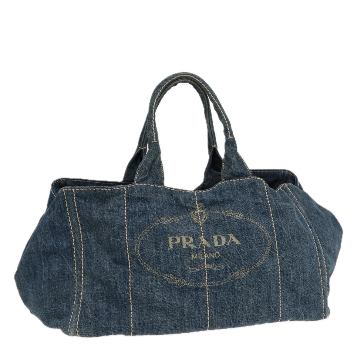 Prada Canapa Gm Hand Bag Auth Blue Gold Travel Bag Gold Auth 88472