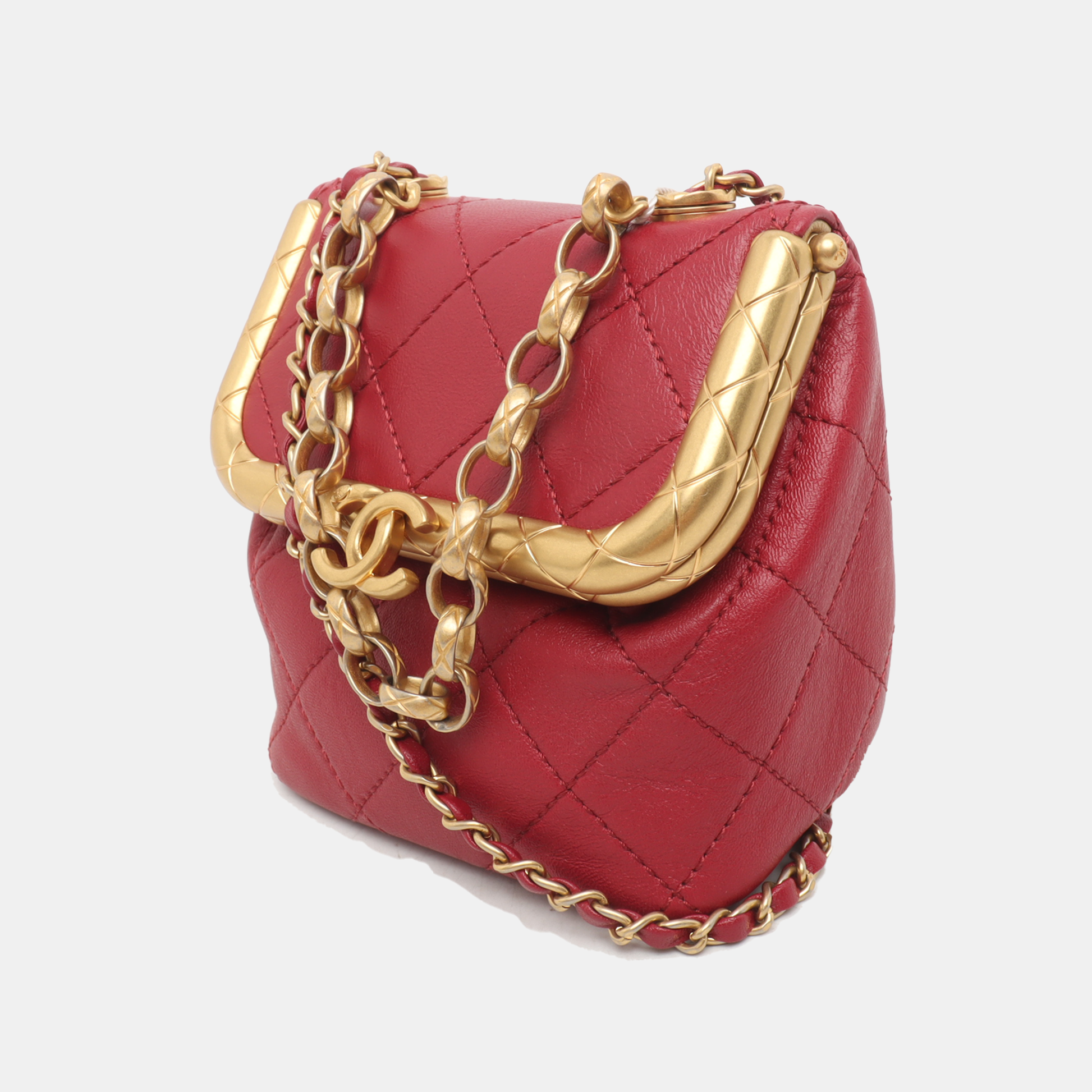 Chanel Kiss Clasp Super Lambskin -tone Hardware Red Gold Lock Leather Mini Bag