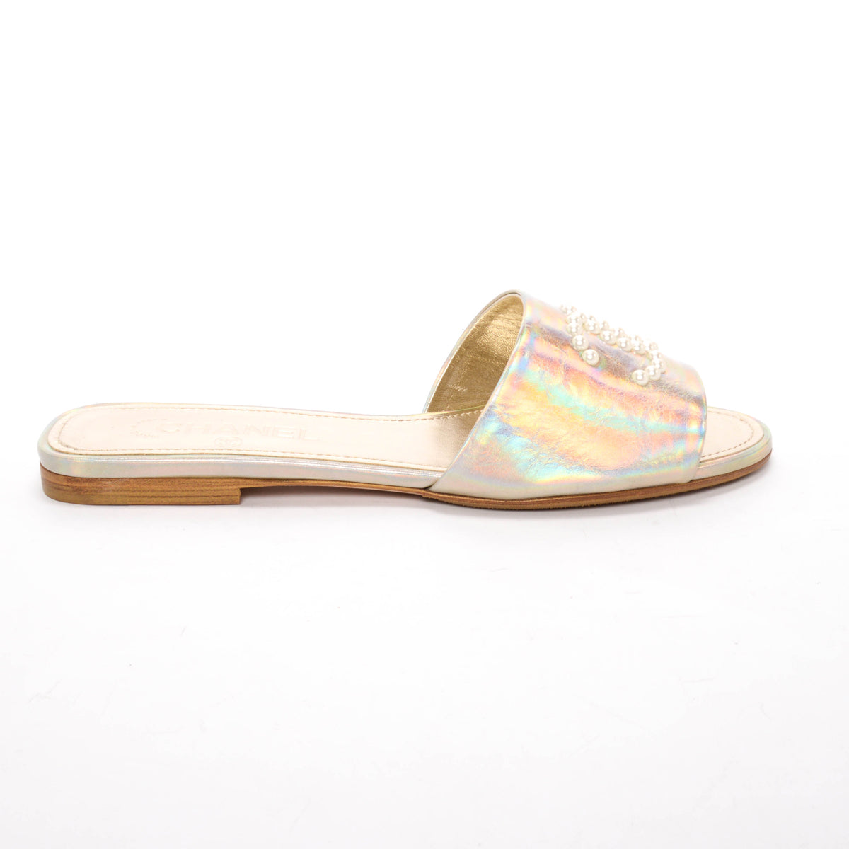 Chanel Champagne Iridescent Leather Cc Pearl Slides 39 Women Shoes