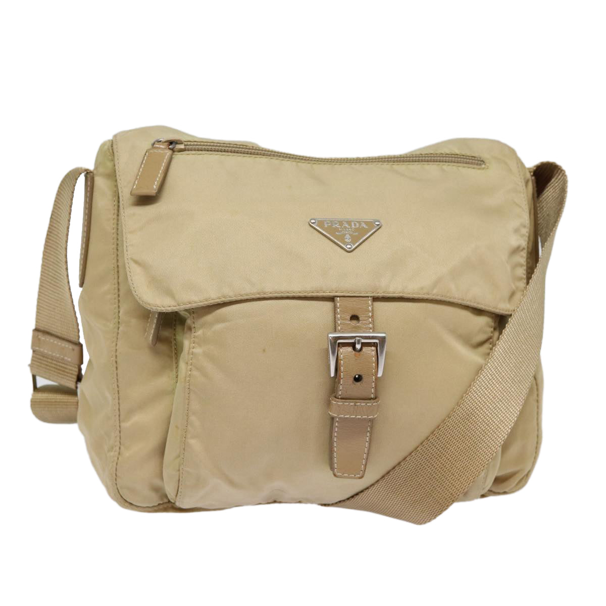 Prada Shoulder Bag Auth Nylon Beige Silver