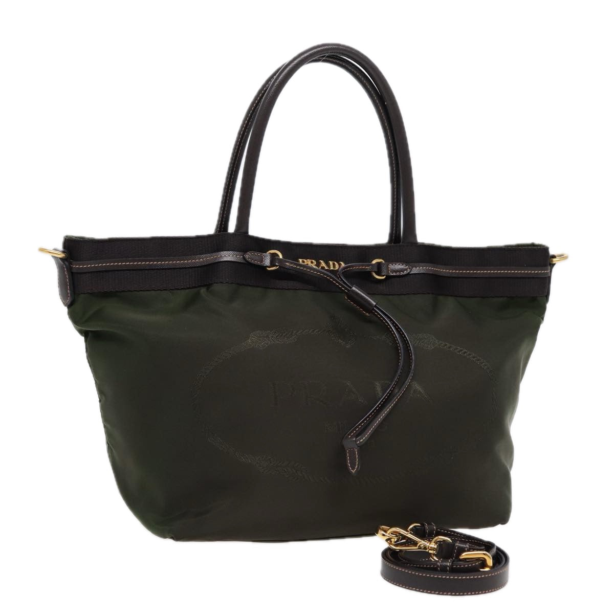 Prada Hand Bag 2Way Khaki Auth Nylon Gold Travel Bag