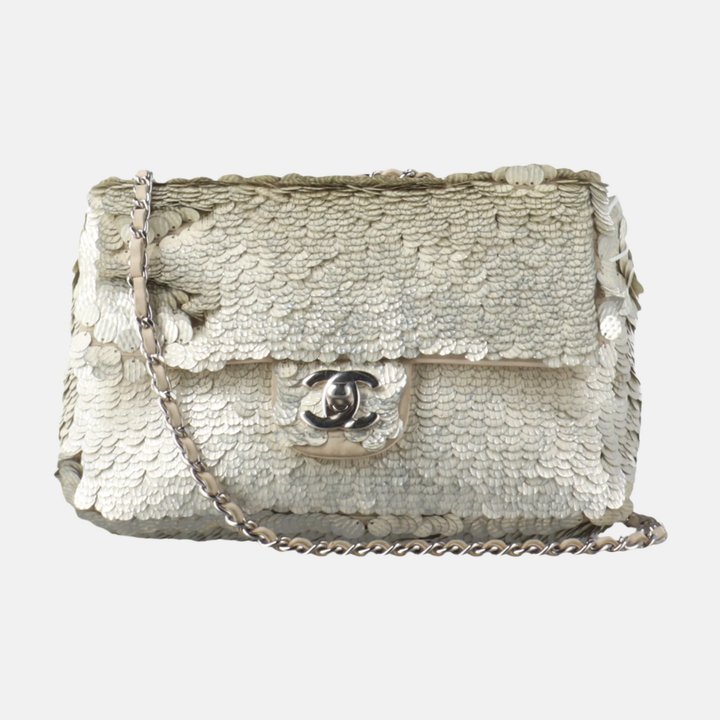 Chanel Paillette Flap Rectangular Glitter Sequins Neutral Silver Shoulder Bag