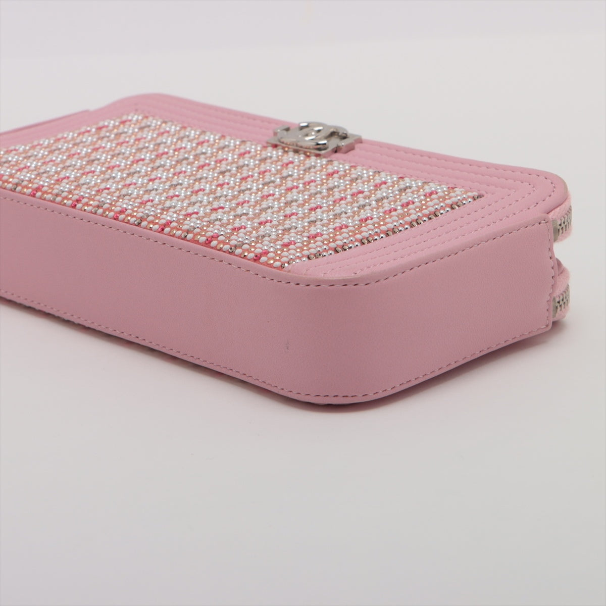 Chanel Boy Chanel Leather X Line Stone Chain Wallet Pink Silver G  23rd