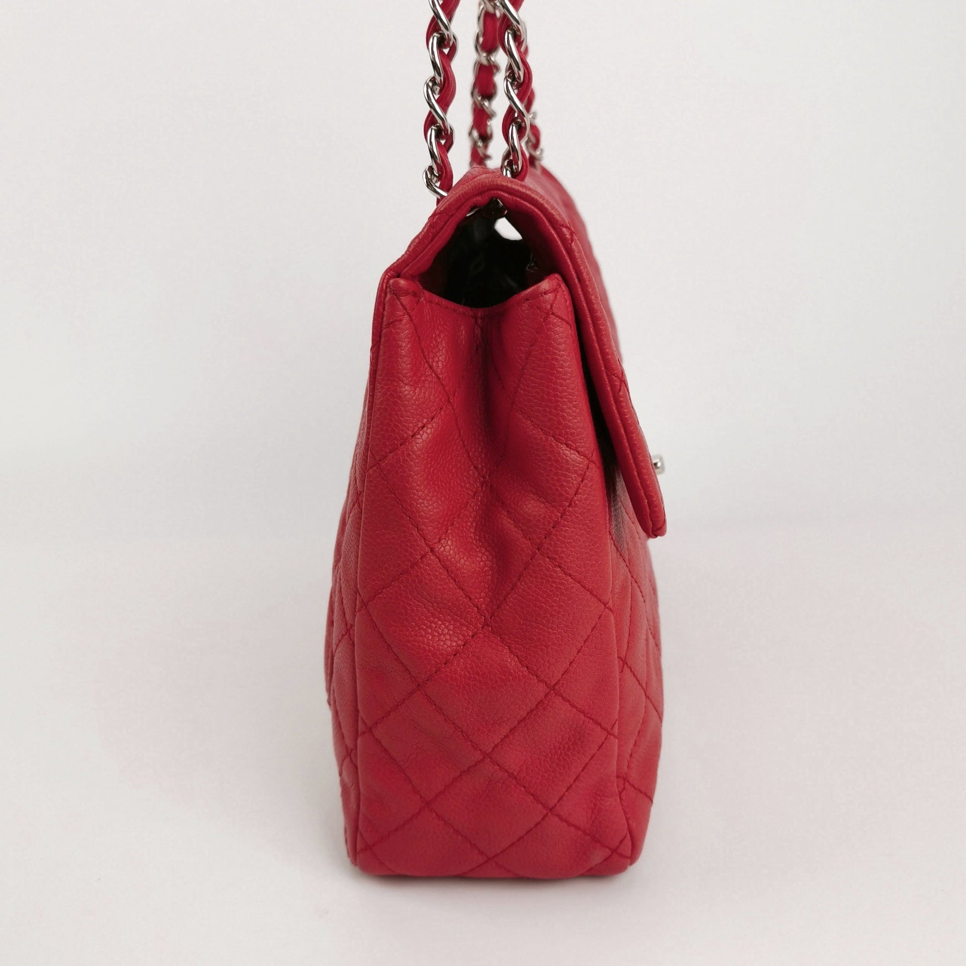 Chanel Classic Flap Maxi Caviar -tone Hardware Red Silver Leather Handbag