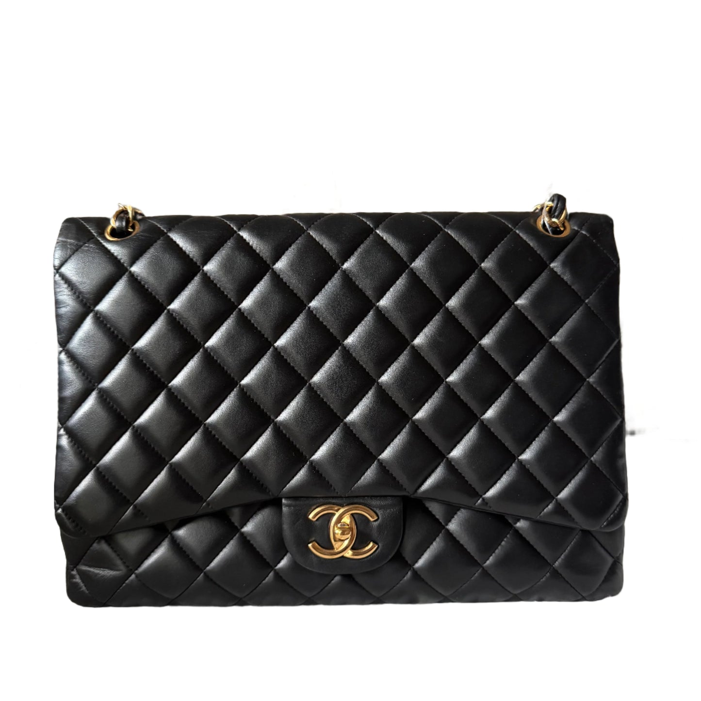 Chanel Classic Flap Maxi Lambskin Double Flap Black Gold Leather Handbag Hardware 1
